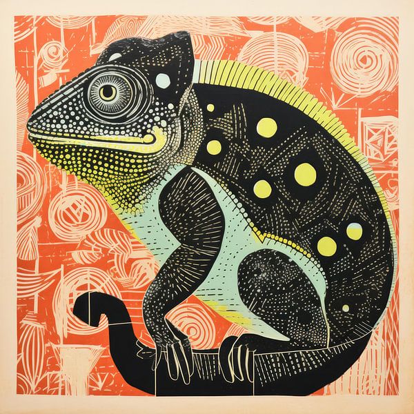 Whimsy Folk Chamäleon auf Korallenfeld von Aloke Design