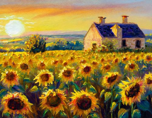 Field with sunflowers and a cottage