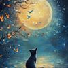 Chat au clair de lune dans une forêt de papillons de rêve sur Eva Lee