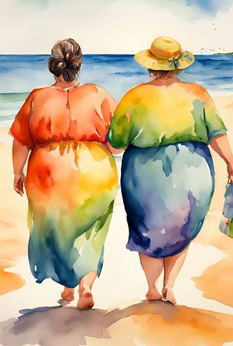 2 cosy ladies in colourful dresses walk on the beach