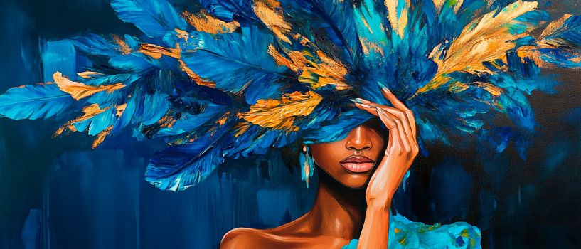 Woman with colourful feather headdress by Poster Art Shop