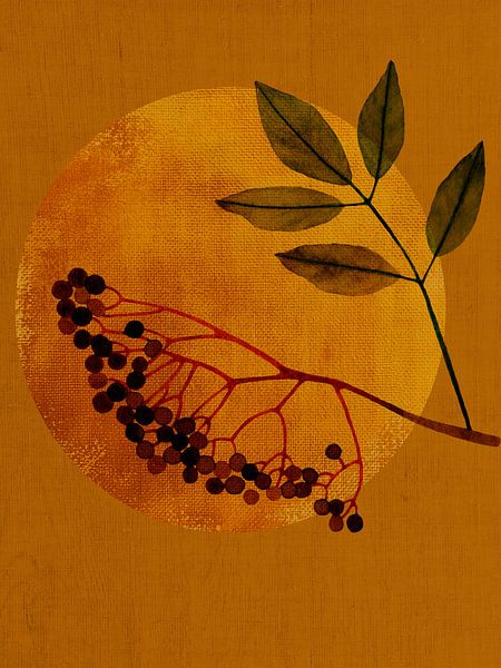 Japandi Art: Branch with berries in front of golden moon (Mixed Media) by Studio Pieternel