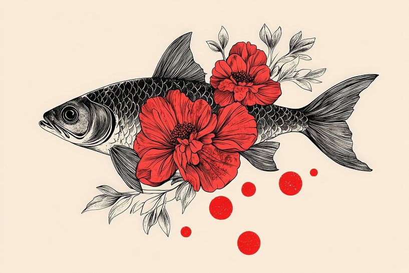 Fish with red flowers - artfully combined by Poster Art Shop