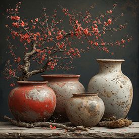 A still life wabi sabi japandi style pottery pots with red blossom branches on weathered wooden board . by J.a Dijkstra