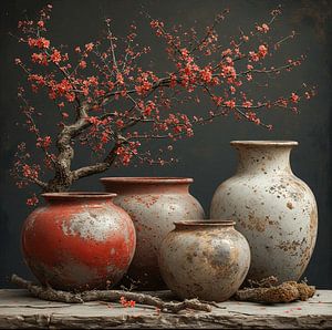 Ein Stillleben wabi sabi japandi Stil Keramik Töpfe mit roten Blüten Zweige auf verwitterten Holzbrett .