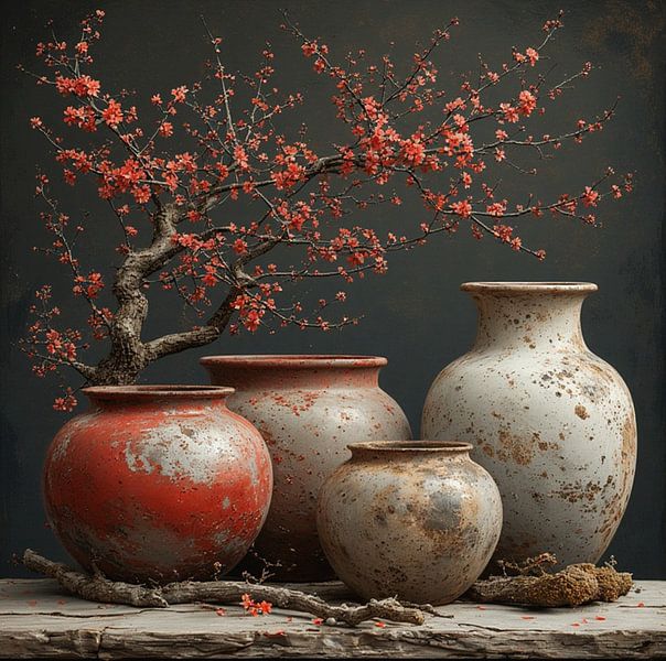 Ein Stillleben wabi sabi japandi Stil Keramik Töpfe mit roten Blüten Zweige auf verwitterten Holzbrett . von J.a Dijkstra