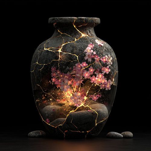 Sakura and gold in a stone vase