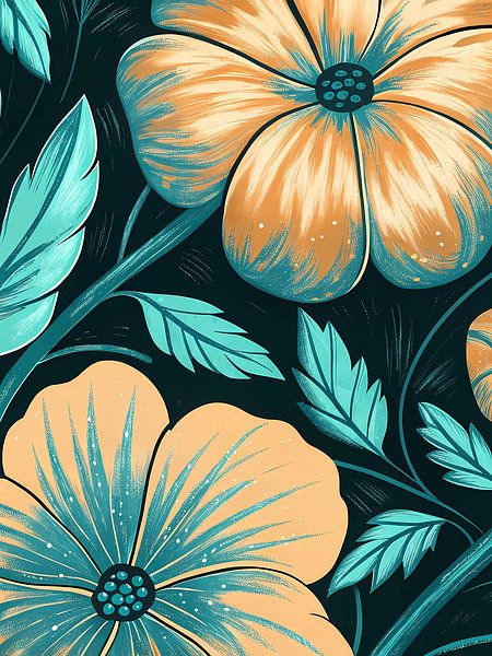 Duo van gestileerde bloemen in groenblauw en oranje van Artistic