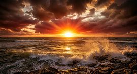 Dramatischer Sonnenuntergang über dem stürmischen Meer