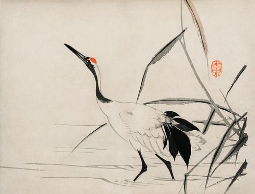 Traditioneel portret van een elegante Japanse kraanvogel door Mochizuki Gyokusen