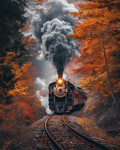 Historic train in the autumn forest