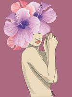 Hibiscus Disruption - Vrouwelijk naakt muurkunstwerk, moderne lijntekening met roze bloemhoofd, digitale print voor gedurfde interieurs,
