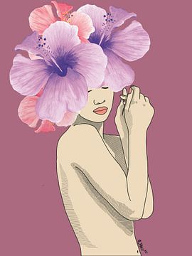 Hibiscus Disruption – Feminine Nude Wall Art, Modern Line Drawing with Pink Floral Head, Digital Print for Bold Interiors, by Chrz - AquaPixelFusion