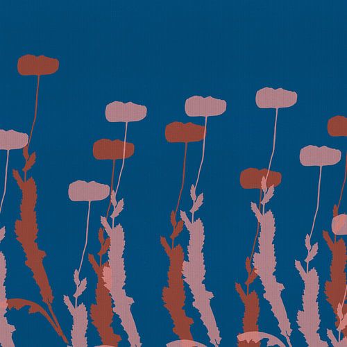Moderne botanische minimalistische kunst. Klaprozen in roze en terracotta op blauw