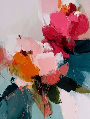 Abstraktes Gemälde mit Pinselstrichen und Blumen
