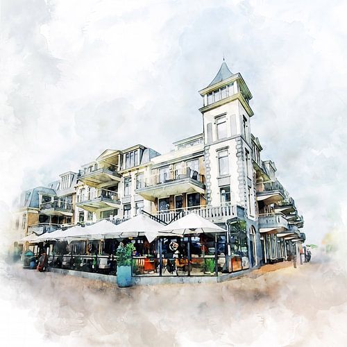 Aquarelschilderij van het complex 't Groentje in Domburg, Zeeland