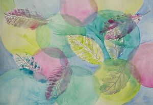 The falling leaves (Watercolour with outlines of leaves and circles in cheerful pastel colours) by Birgitte Bergman