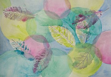 Les feuilles qui tombent (aquarelle avec des contours de feuilles et des cercles dans des couleurs pastel gaies) sur Birgitte Bergman