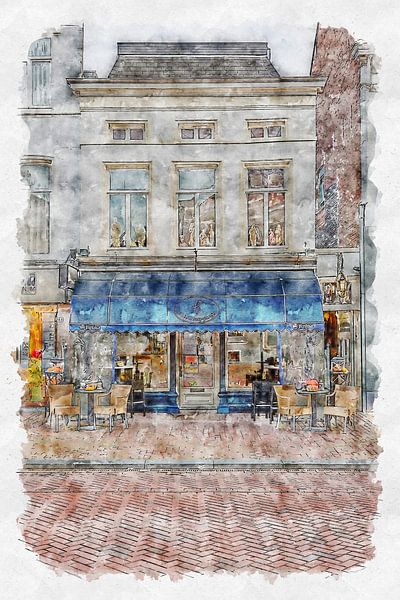 Cafe &quot;De Drie Weesgegroetjes&quot; in Roosendaal (Aquarell) von Art by Jeronimo