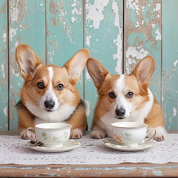 Two welsh corgi dogs drinking tea by Vlindertuin Art