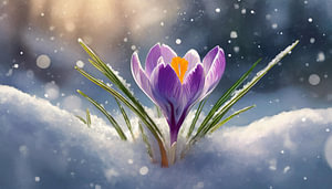 Frühlings Krokus Blüten im Schnee, Kunstdesign Garten