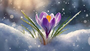 Spring crocus flowers in the snow, art design garden by Animaflora PicsStock