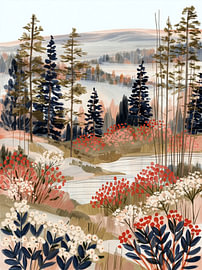 Ruhige Waldlandschaft mit Blumen und sanften Naturtönen von Lina van Oers