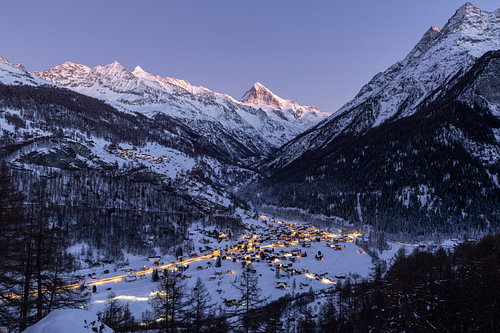 Wintery Evolene and Dent Blanche at dusk