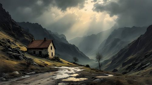 Remote mountain hut in the mountains, storm and rain