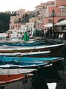 Gekleurde vissersbootjes in de haven van Procida met de boulevard op de achtergrond van Michiel Dros thumbnail