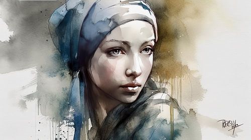 Modern meisje met de parel VII Johannes Vermeer aquarel