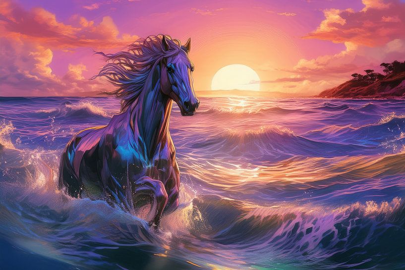 surreal horses in the water at sunset by Jörg B. Schubert