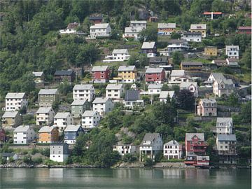 Huizen aan overkant fjord in Noorwegen van Toon Loonen