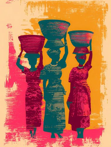 Afrikanische Frauen mit Körben in kräftigen Farben