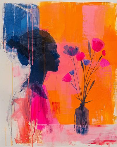 Modern portrait of a young woman with flowers.