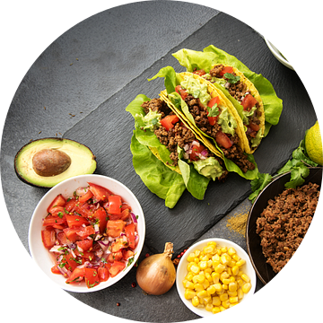 mexicaanse taco's en ingrediënten zoals gebakken gemalen rundvlees, tomatensalsa, guacamole, maïs en van Maren Winter