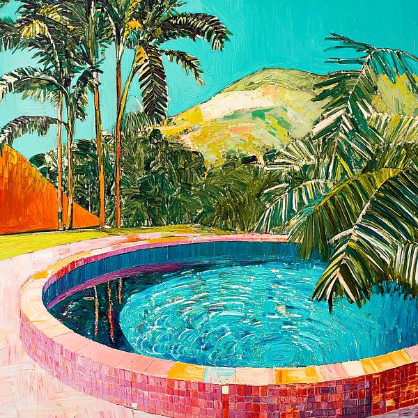 Tropical painting with pool and palm trees by Vlindertuin-Art