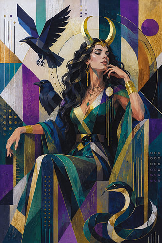 A cubistic painting of Loki, the trickster and shapeshifter of Norse mythology.