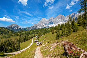 Die Brandalm mit dem Rötelstein und Dachstein