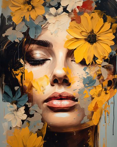 Abstraktes Porträt einer Frau mit gelben Blumen