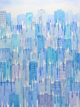 Druipende huizen (aquarel aquarel schilderij druk architectuur blauw stad flat gebouwen kantoor van Natalie Bruns