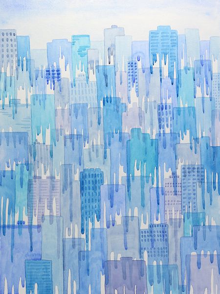 Tropfende Häuser (Aquarell Aquarell Malerei drucken Architektur blau Stadt Wohnung Gebäude Büro von Natalie Bruns