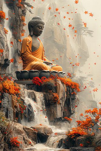 Bouddha dans un décor d'automne avec chute d'eau