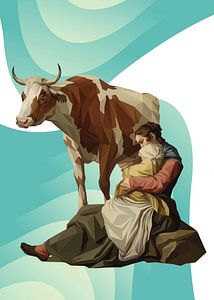 Eine Mutter und ihr Kind beim Melken einer Kuh in einer Landschaft