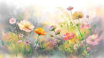 Dromerig Schilderij van een bloementuin in pastel van Studio Pieternel