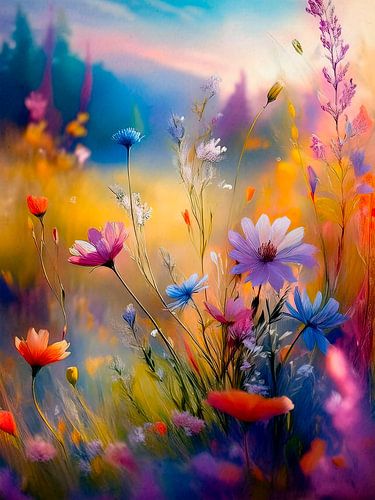 Kleurrijk landschap. Wilde bloemen in het veld