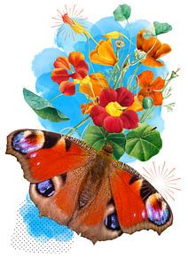 Dagpauwoog vlinder met vintage style bloemen van Postergirls