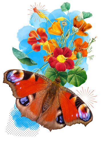 Papillon de jour en forme de paon avec des fleurs de style vintage