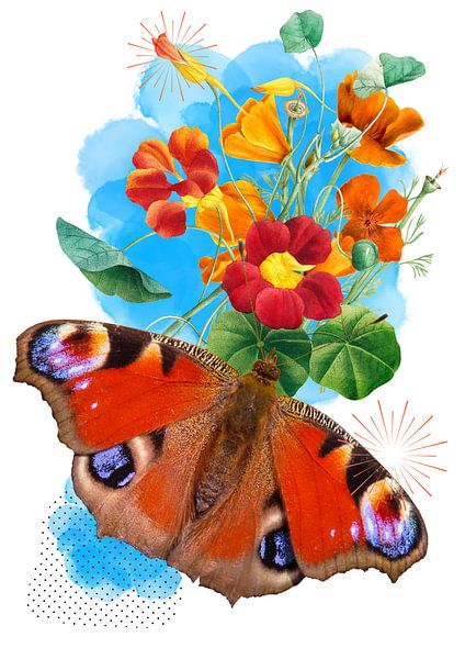 Dagpauwoog vlinder met vintage style bloemen