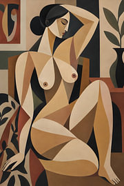 Cubist Nude Figure Art Print in Earth Tones – Geometric Female Form, Modern Bohemian Wall Decor